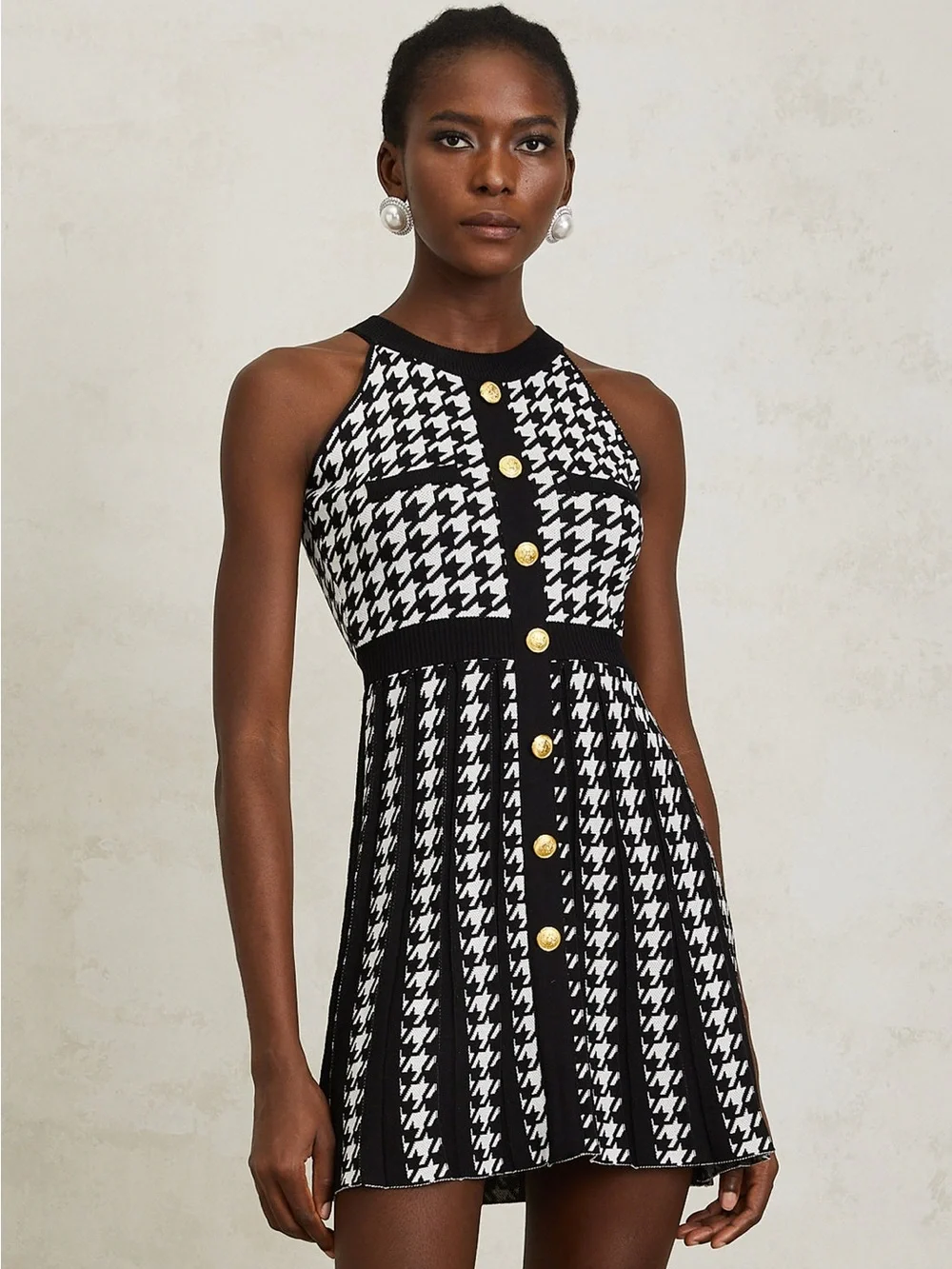 Miss Rosier Jacqueline Black Houndstooth Knit Mini Dress Pleated Size Medium NWT - Picture 2 of 10